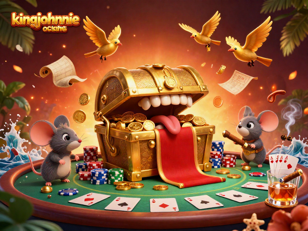 Engage with the kingjohnnie online casino treasures offered by a golden chest and vibrant poker elements.