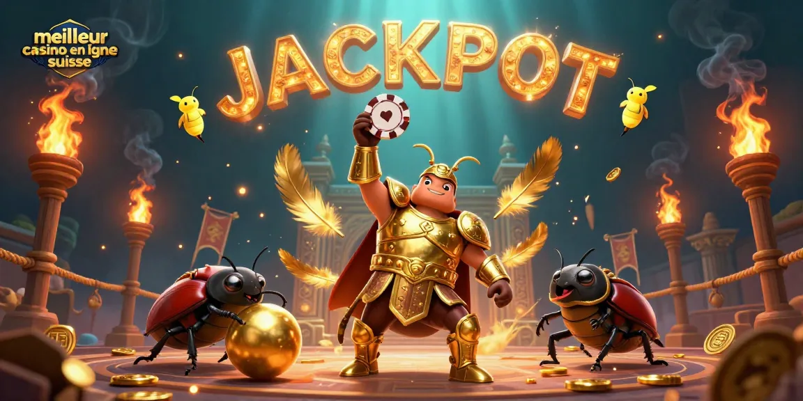 Visualisez l'excitation du meilleur casino en ligne suisse avec des insectes en armure et des feux d'artifice.