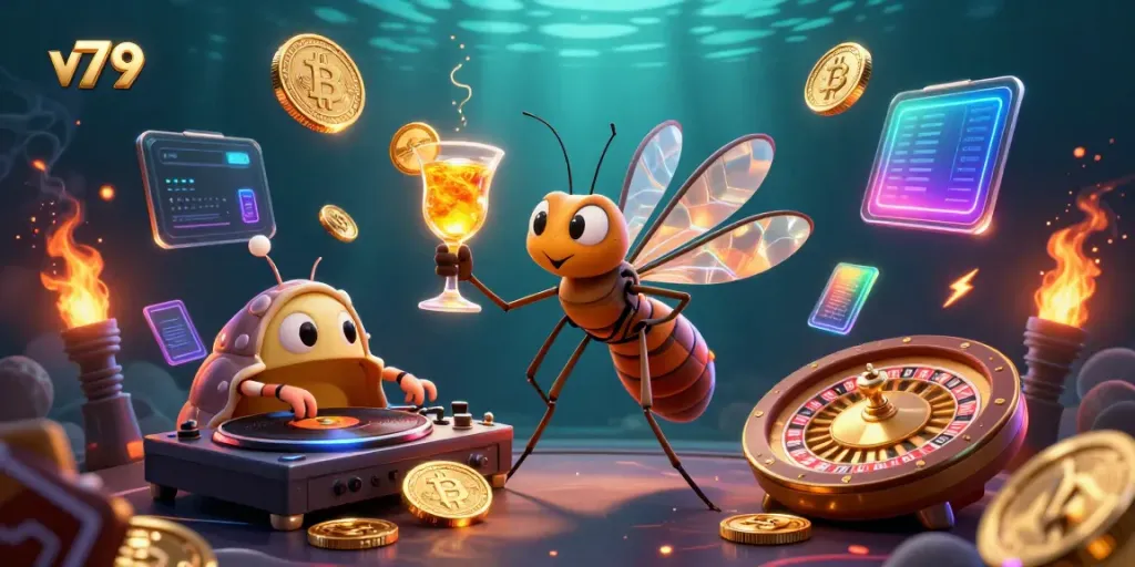 Experience the thrilling vibe of v79 casino with vibrant characters and crypto elements.