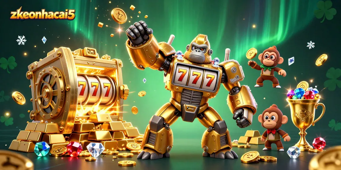 Engage with zkeonhacai5 as a golden gorilla mech punches up coins while showcasing vibrant casino elements.
