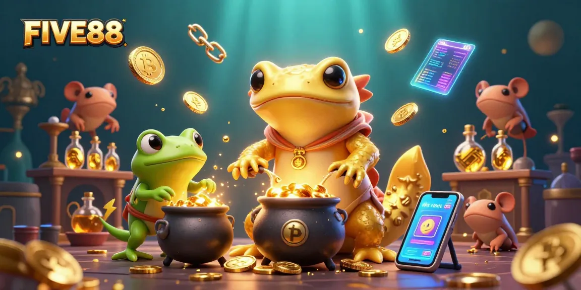 Engage in the magical world of FIVE88, where a golden salamander alchemist transforms metals into treasure amid a vibrant casino scene.