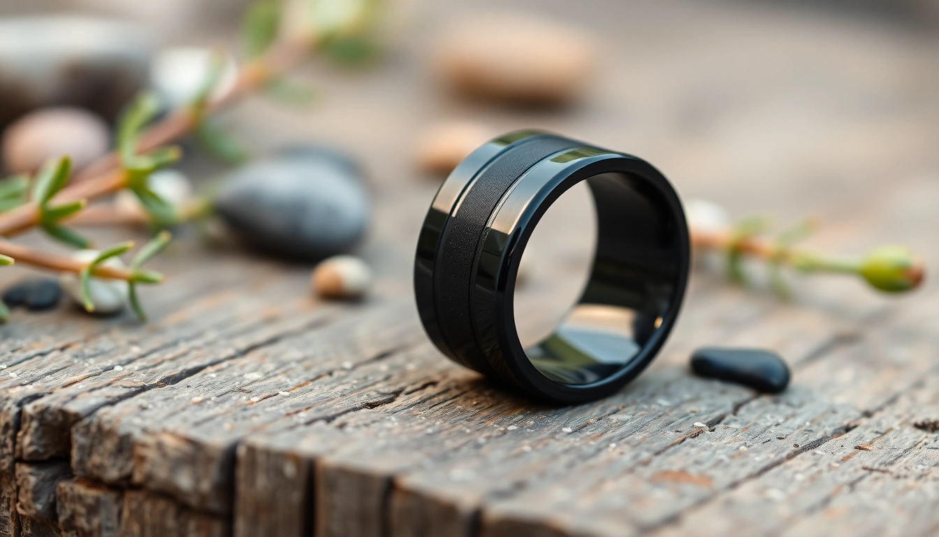 Showcase Black Wedding Rings for Men featuring a sleek tungsten design on a rustic wooden surface.