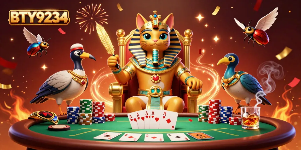 Experience BTY9234's regal theme with an Egyptian pharaoh cat surrounded by poker elements in this stunning illustration.