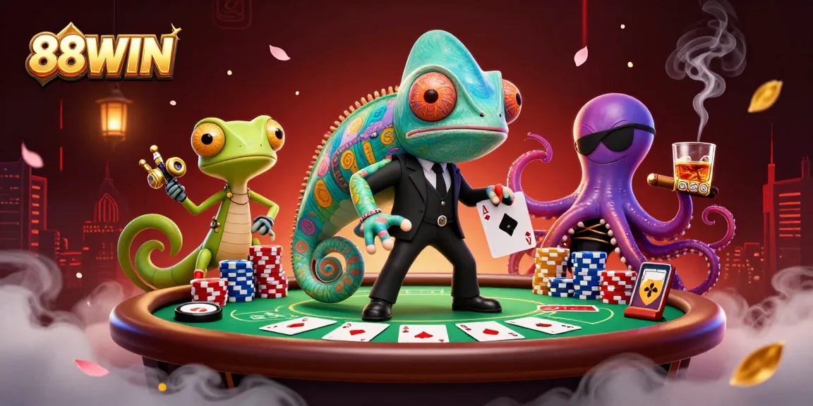 Experience thrilling moments with 88WIN as a secret agent chameleon engages in high-stakes poker.