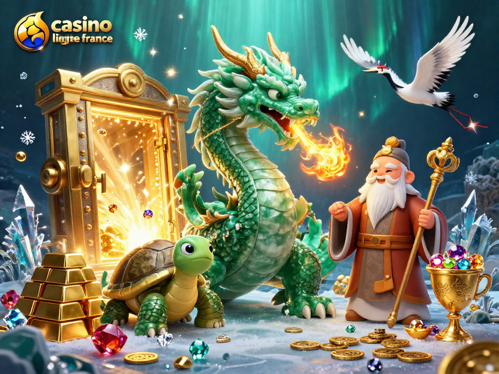 Jouez au casino en ligne France avec ce dragon, des symboles de richesse, et une ambiance dynamique.