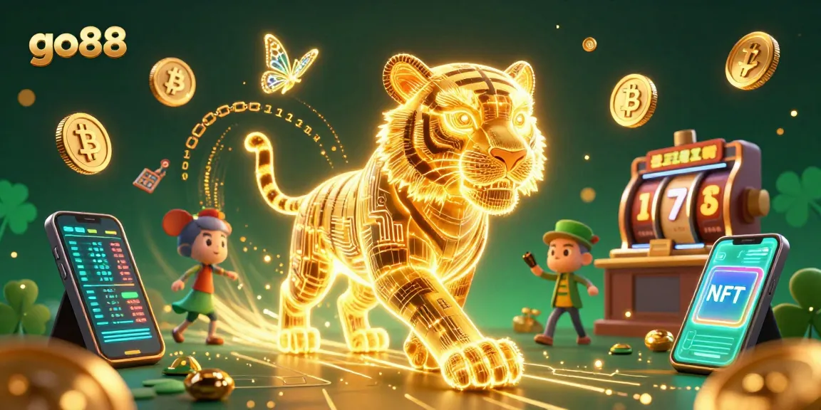 Experience the excitement at go88 as you encounter a neon-wireframe golden tiger in a dynamic casino scene.
