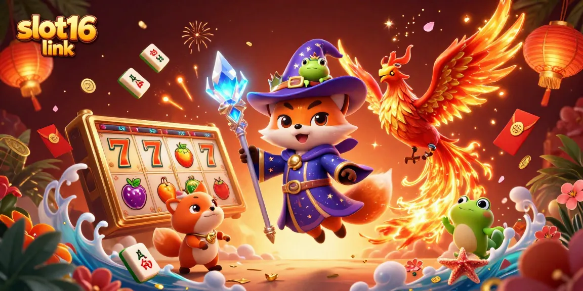 Engage with slot16 link through vibrant casino-themed illustration depicting a wizard fox surrounded by 3D slot reels.