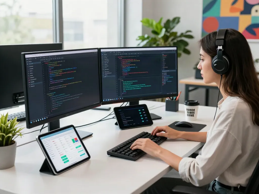 Software developer immersed in code at a modern workspace, exemplifying view siteÂ… tech innovation.