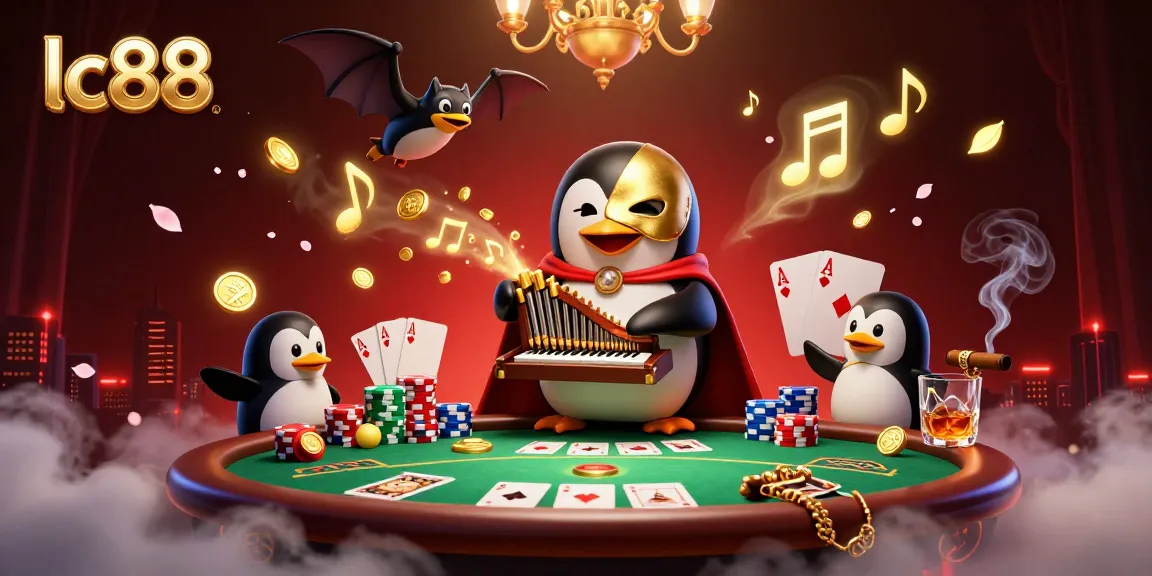 Experience the excitement of lc88 online gaming with a vibrant scene featuring a penguin, coins, poker elements.