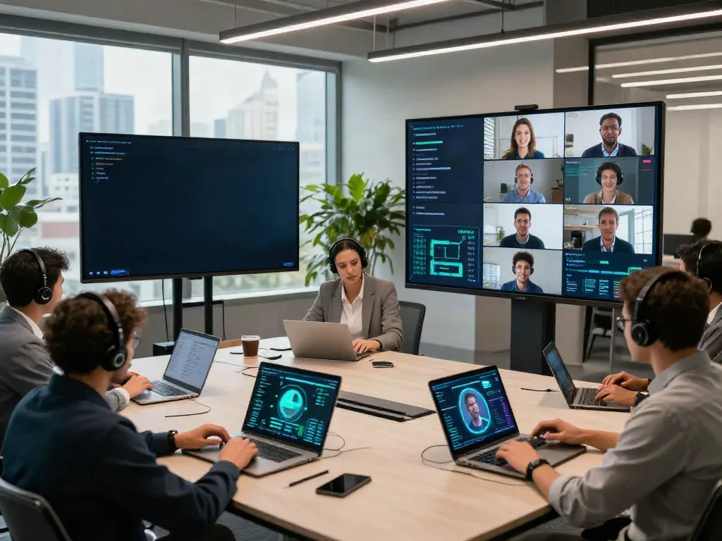 Deepfake free meetings in a modern office with diverse professionals engaged in dynamic video calls.