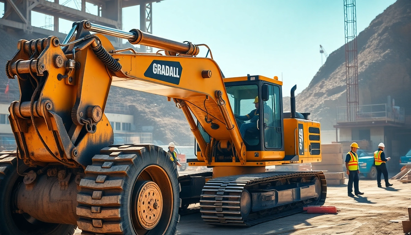 Gradall excavator efficiently operating on a construction site with workers around.