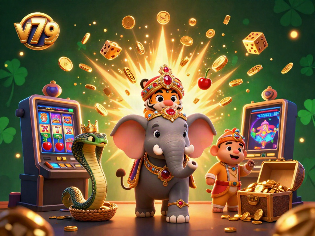 Experience immersive gaming with V79's vibrant jackpot scene featuring rich symbols and characters.