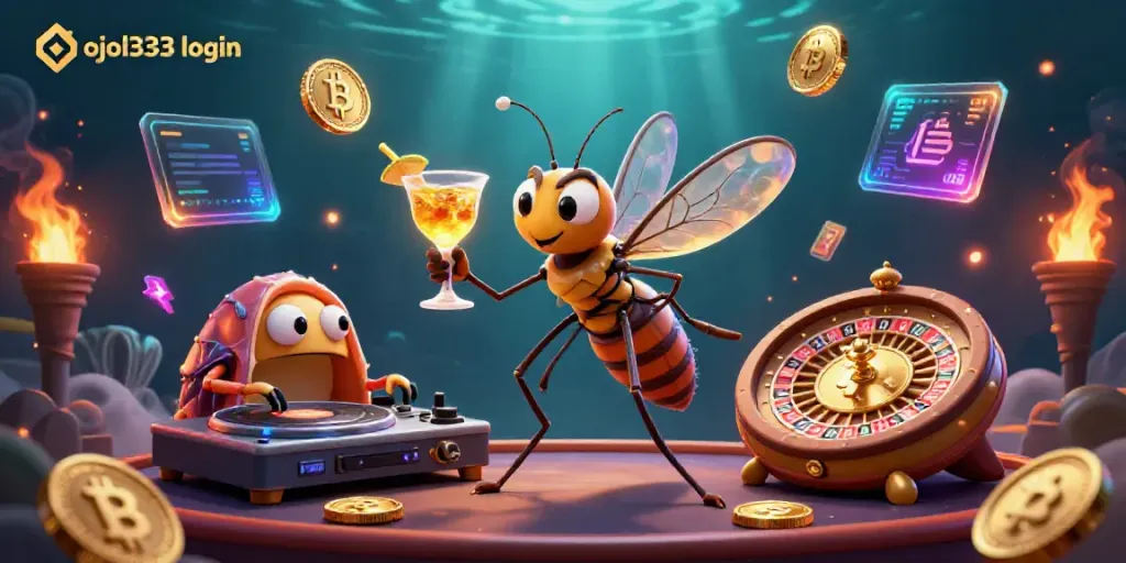 Experience the thrilling ojol333 login action with a vibrant casino scene featuring unique characters and gaming elements.