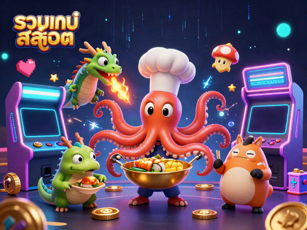 Engage in รวมเกมสล็อต as dynamic characters delight in a vivid casino scene filled with games.