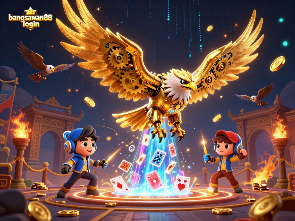 Bangsawan88 login for exciting casino action with a vibrant 3D eagle amidst holographic cards.