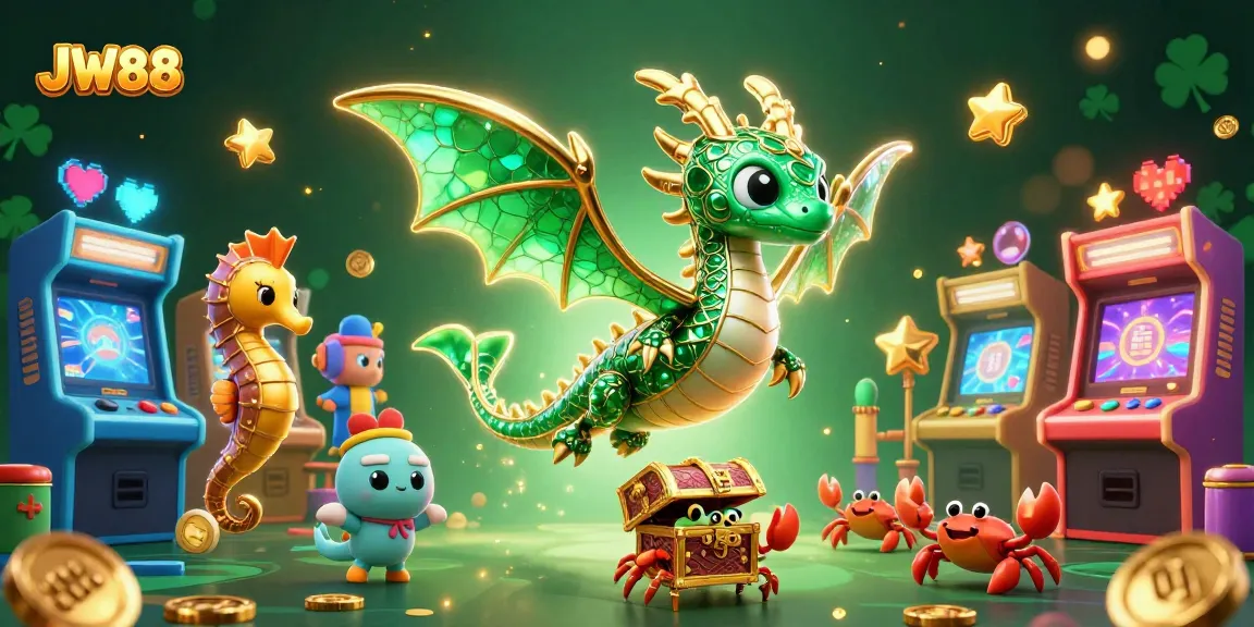 Win big at JW88 with an enchanting 3D scene of a sea dragon and treasure, symbolizing epic gaming adventures.
