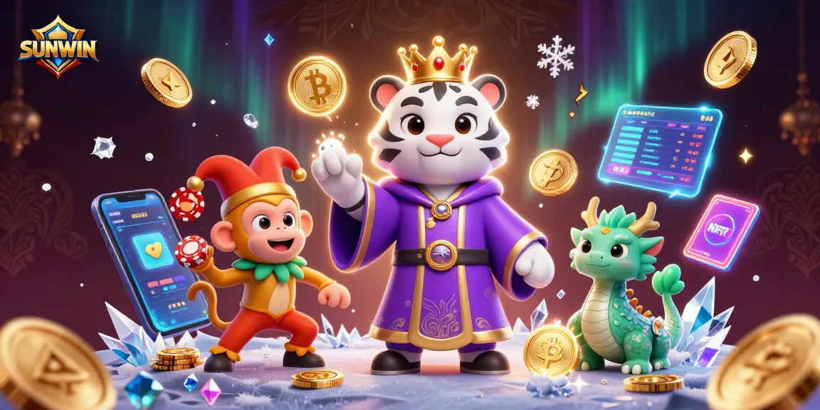 SUNWIN captivates players with a vibrant illustration showcasing a white tiger in regal attire, embodying the thrill of online casino gaming.
