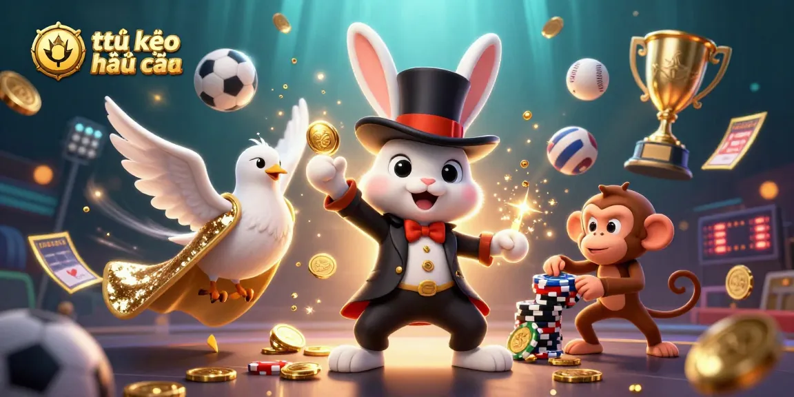 Engaging illustration showcasing tỷ lệ kèo nhà cái with a rabbit magician, a dove, and a monkey amidst sports elements.