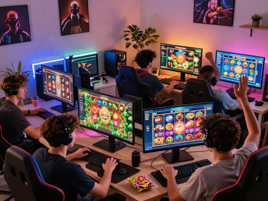 Excited gamers playing slot online gacor on large screens in a vibrant home setup.