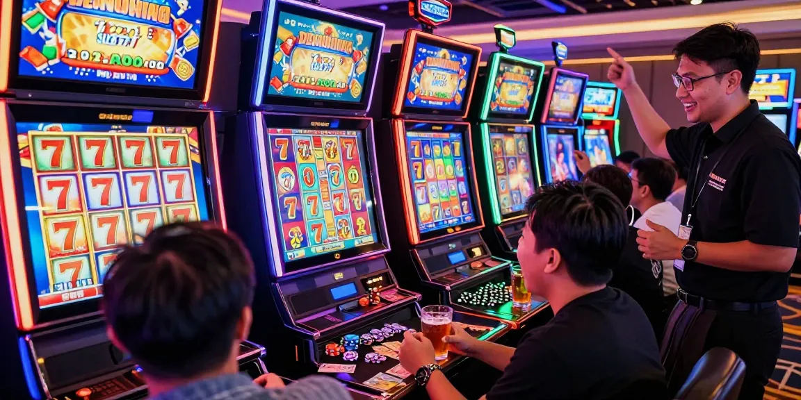 Players celebrating wins at 777 slot machines in a lively casino atmosphere.
