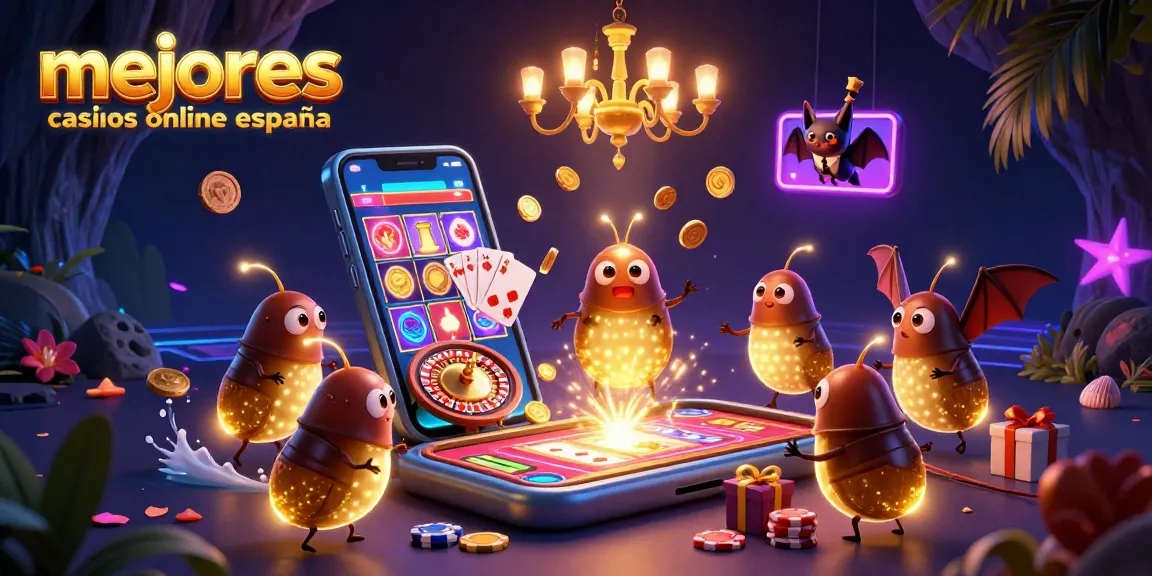 Ilustración mostrando los mejores casinos online España con luciérnagas iluminando un casino y un crupier