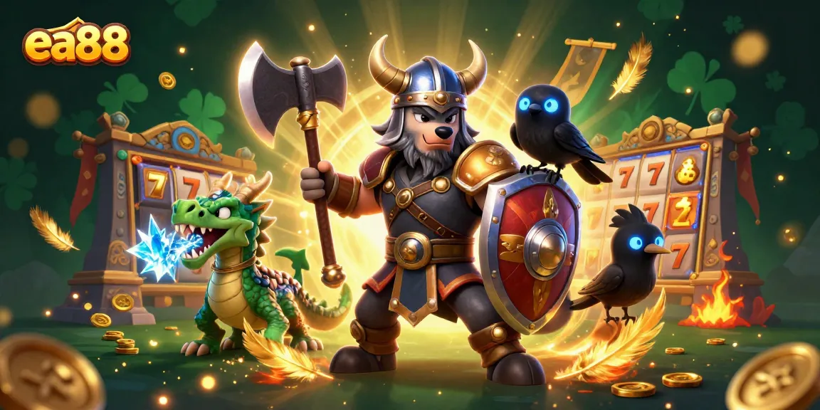 Experience thrilling wins at ea88 with a Viking warrior and dragon in an exciting slot game setting.
