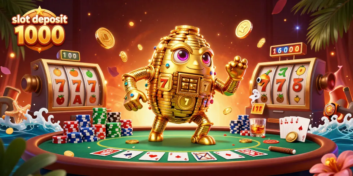 Experience the excitement of slot deposit 1000 as a golden golem surrounded by vibrant casino elements.