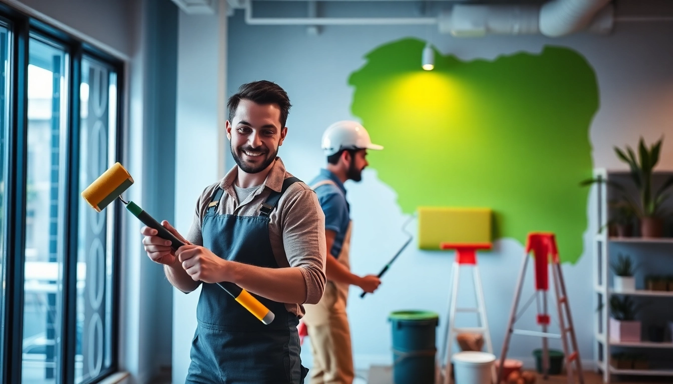 Transform your workspace with commercial paint services showcasing professional painters at work.