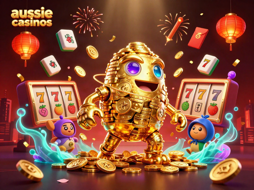 Aussie casinos showcase a vibrant 3D scene with a golden golem and floating slot symbols.