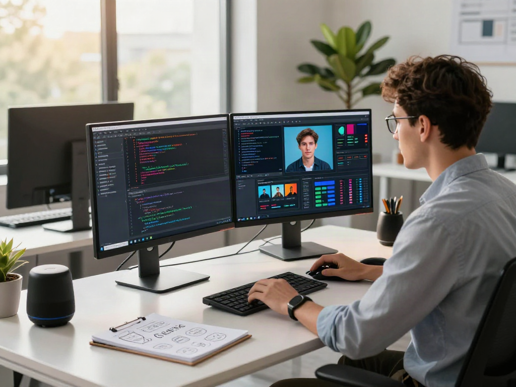 AI Image Detection process in a modern tech workspace with dual monitors and a data scientist analyzing images.