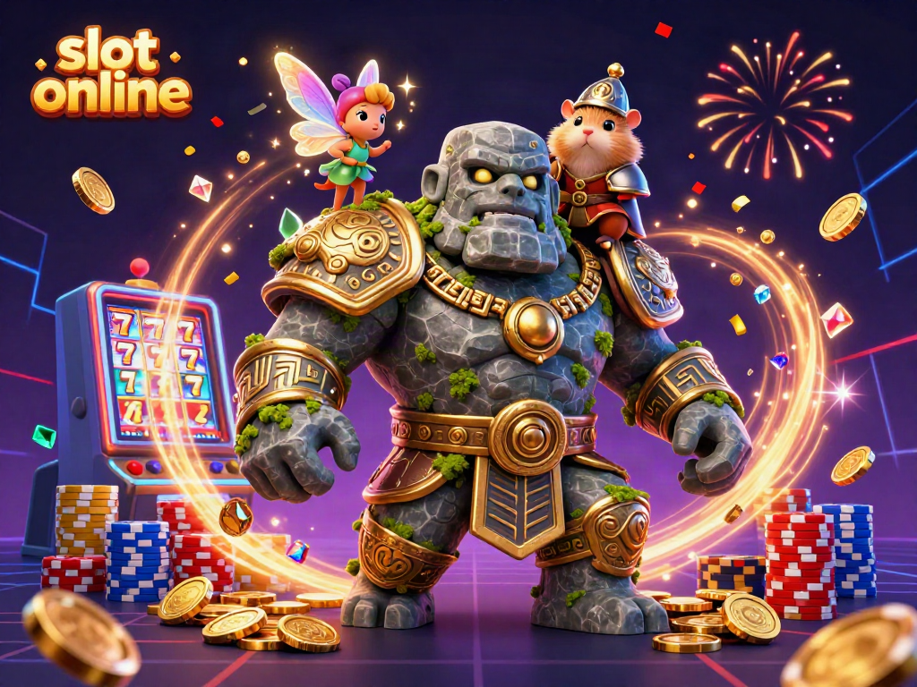Spin the reels with excitement at slot online featuring a magical scene of a golem, fairy, and hamster knight.