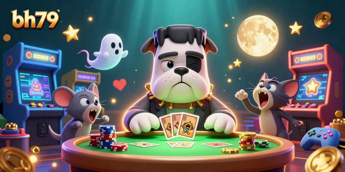 bh79 features a Frankenstein bulldog at a green-lit table with casino chips and playful characters.