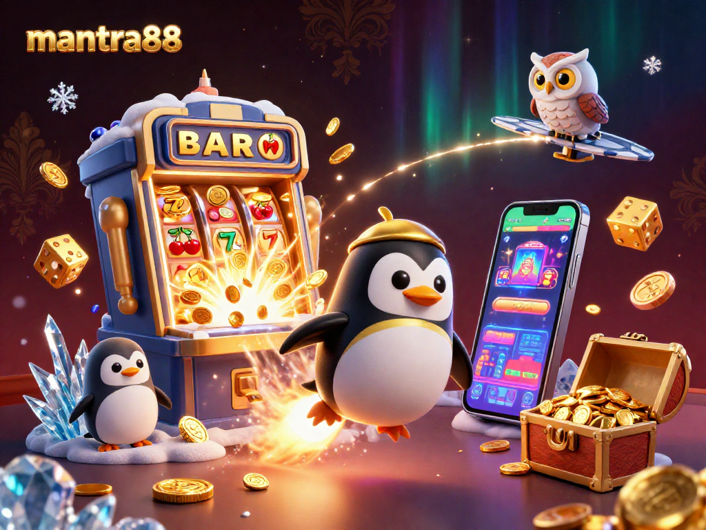 Experience the thrill of mantra88 casino games with a golden penguin soaring through a jackpot explosion.