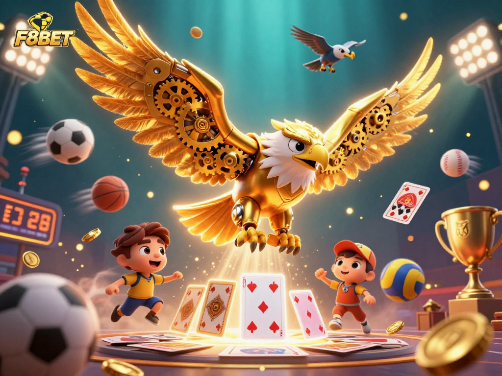 F8BET showcases an energetic casino experience with a cybernetic eagle amidst dynamic gambling elements.