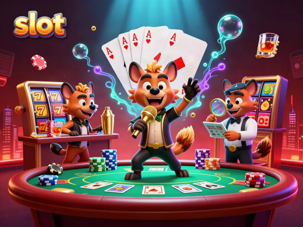 Slot yang mendebarkan dengan hyena komedi dan elemen kasino menghibur dalam satu gambar.