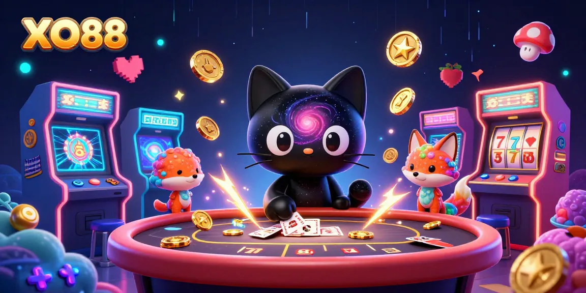Engage in cosmic gaming fun with XO88's feline charm and vibrant casino elements.