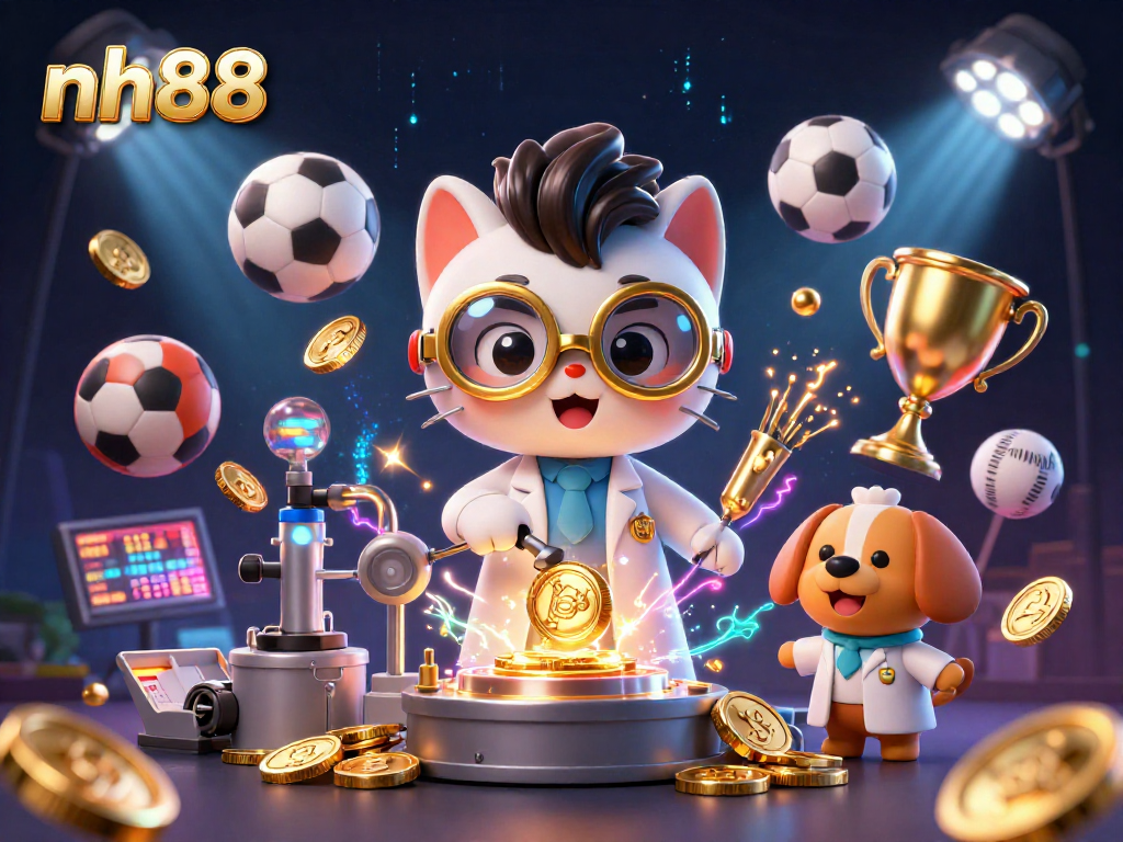 nh88 players strategizing as a mad scientist cat and loyal dog surround gold coins and sports betting elements in a dynamic casino scene