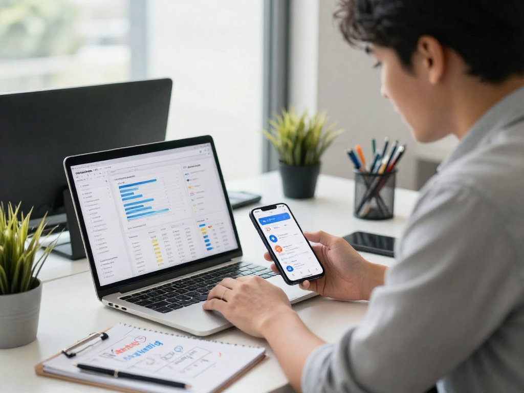 Buy iOS installs with confident marketer analyzing app performance on laptop in a bright office.