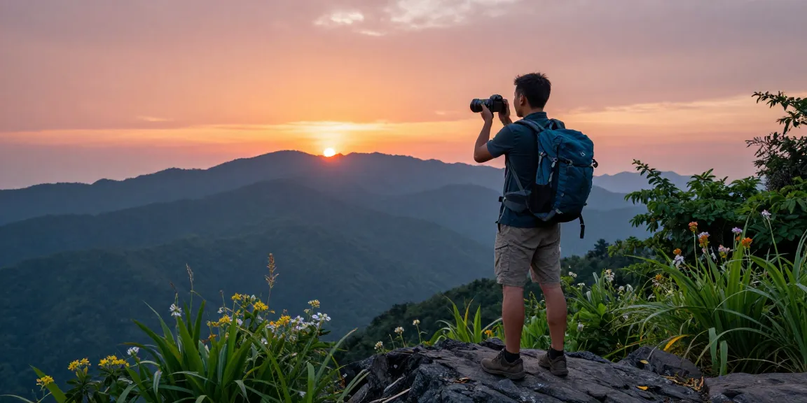 A traveler capturing stunning sunset views with NAGA2000 at a scenic overlook.