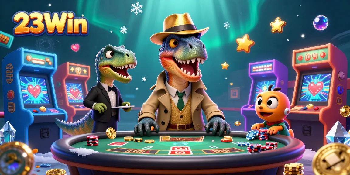 Experience exciting gameplay at 23Win with a velociraptor card counter and colorful casino elements.