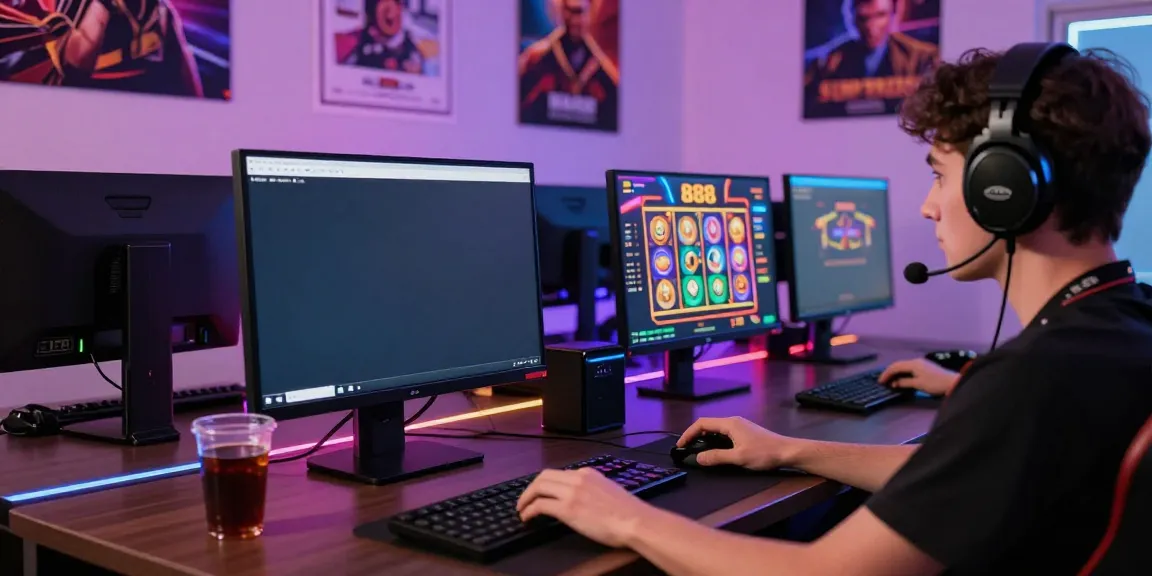 Engaged player playing slot88 online game on their laptop in a vibrant gaming setup.