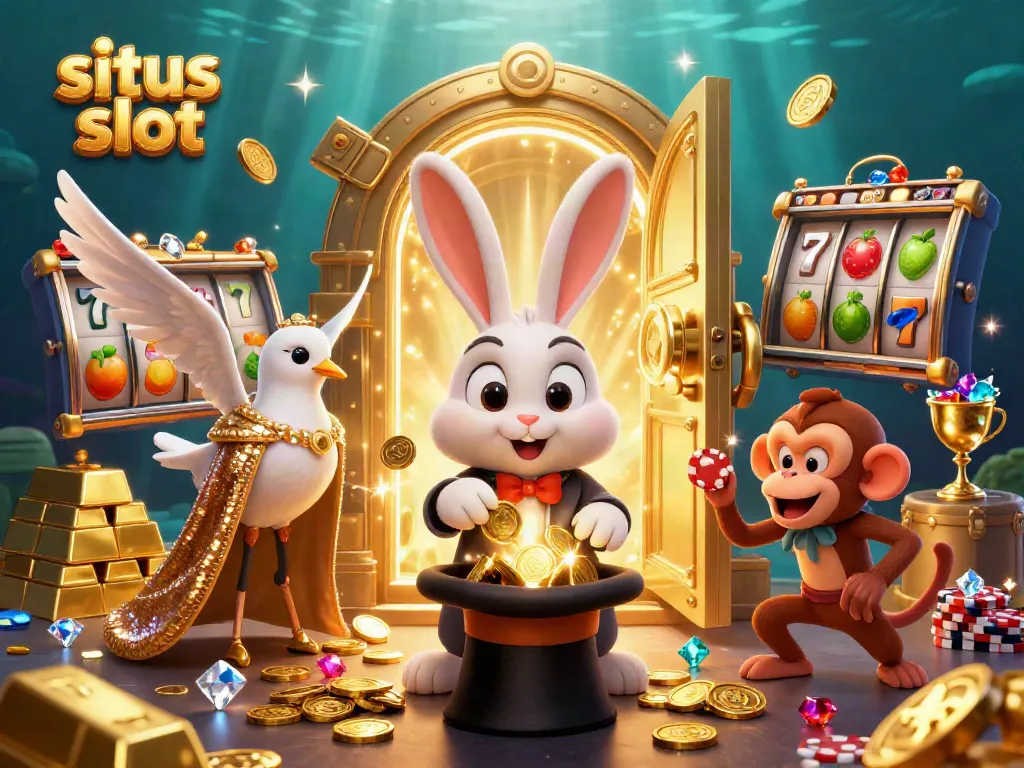 Engage with the vibrant world of situs slot as a magician rabbit conjures coins amidst dazzling treasures.