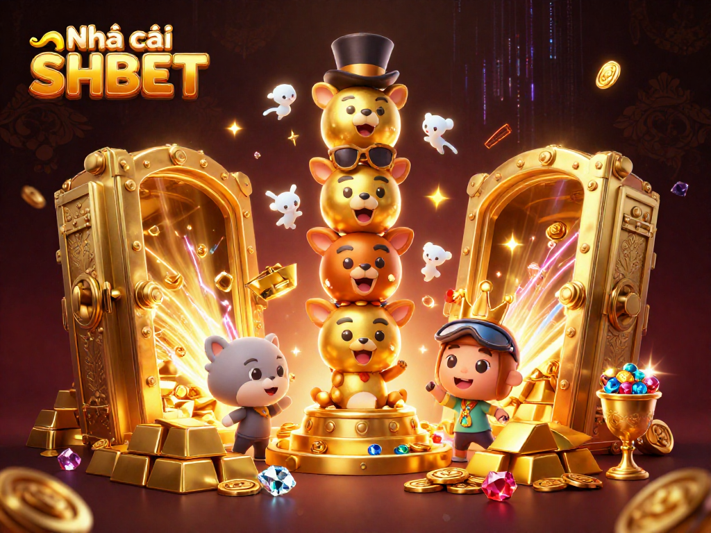 Experience excitement with Nhà cái SHBET's vibrant 3D casino illustration showcasing golden treasures and dynamic game elements.