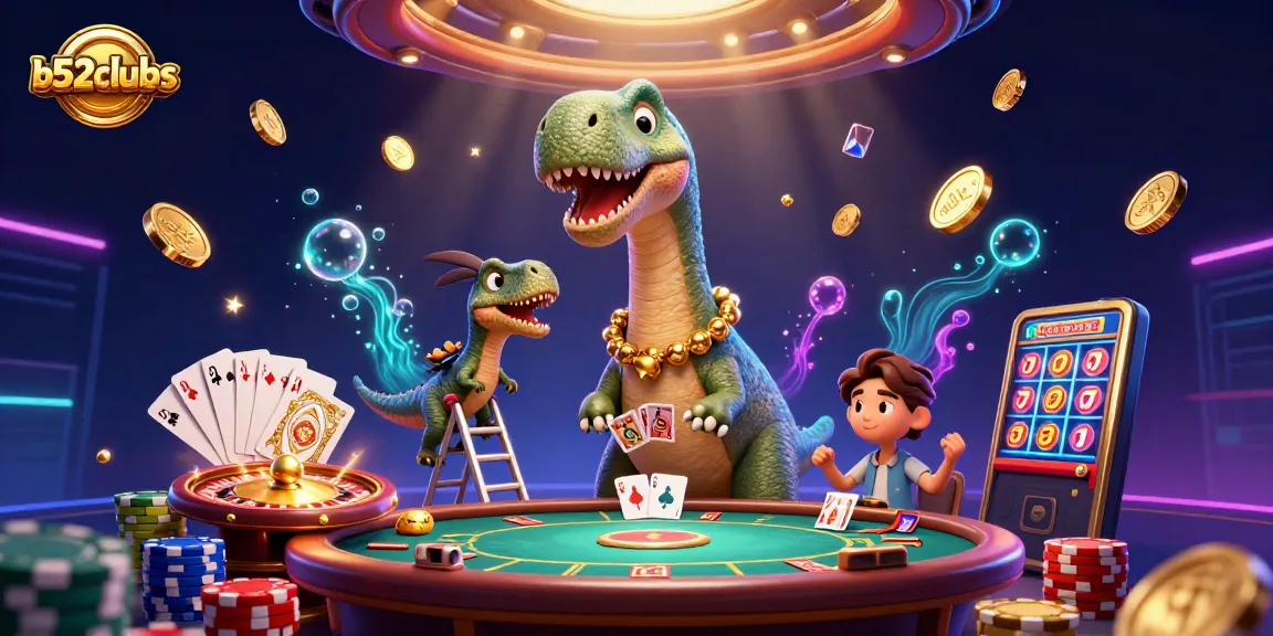 Experience the thrill of b52clubss as the dinosaur towers over a vibrant casino scene with dynamic gaming action.