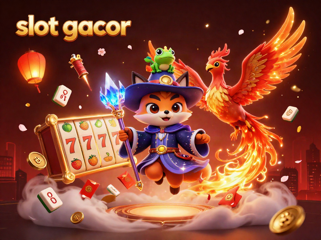 Experience thrilling slot gacor action with a mesmerizing 3D wizard fox and phoenix in a vibrant casino scene.