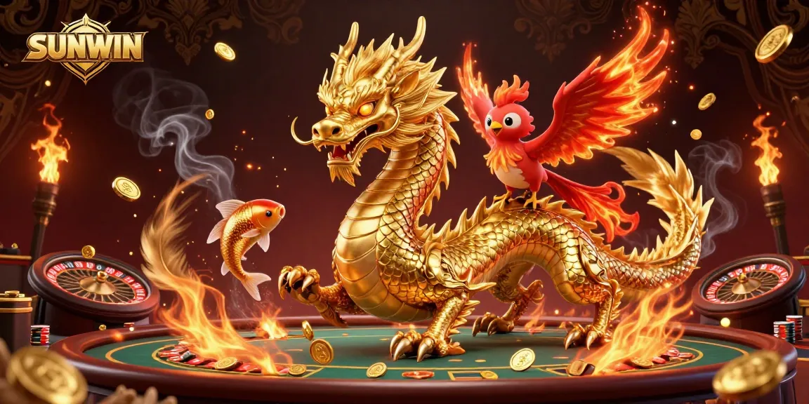 SUNWIN showcases a vibrant casino scene featuring a majestic dragon, phoenix, and koi fish amidst dynamic gambling elements.