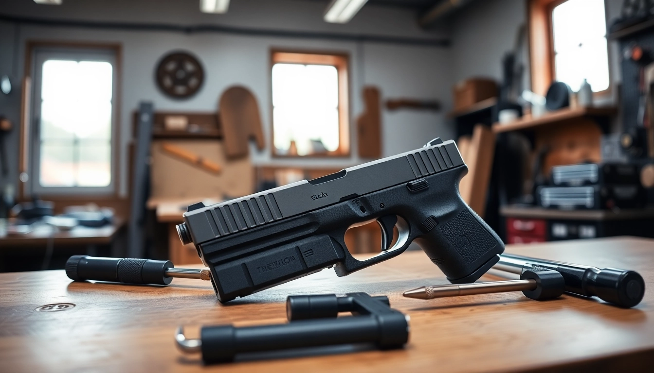 Showcasing a glock 19 slide on a workstation with tools, highlighting precision craftsmanship.