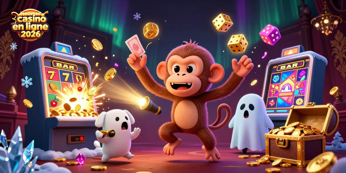 Illustration dynamique d'un nouveau casino en ligne 2026, avec un singe poltergeist et un chiot chasseur de fantômes.