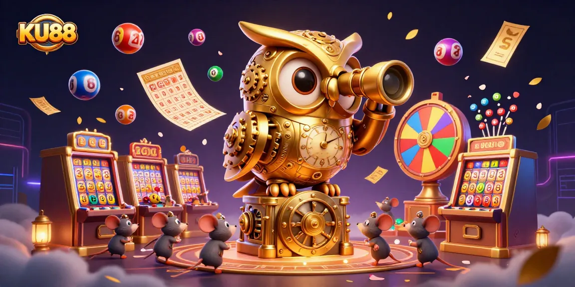 Experience the excitement of KU88 with a 3D illustration of a golden owl and whimsical mouse patrons in a vibrant casino.