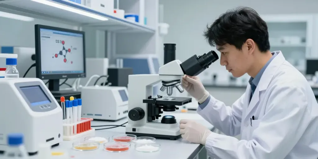 Scientist analyzing ss31 peptide buy in modern lab setting with equipment.